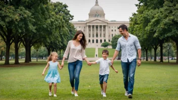 En glad familie med barn som leker sammen i en park, som representerer gleden og tryggheten som økonomisk støtte fra staten kan gi.