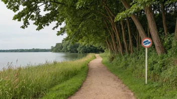 Et idyllisk bilde av en sti som fører til en innsjø eller strand, med en tydelig skilt som viser til badeområdet