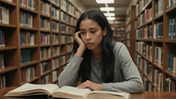 En person sitter ved et skrivebord i et bibliotek, omgitt av bøker og papirer. De ser ettertenksomme og fokuserte ut.