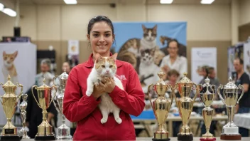 En person som holder en katt, med en bakgrunn av katteavlutstyr og katteutstillingspokaler.