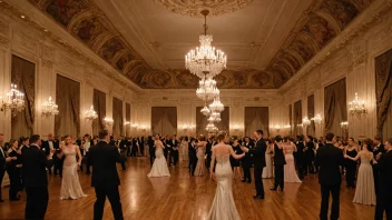 En stor, elegant ballsaler med lysekroner, dansegulv og mennesker som danser.