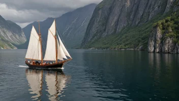 En klassisk Brøgger-båt i de rolige vannene i en norsk fjord.