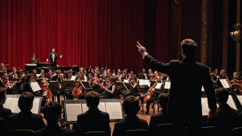 En teaterscene med en rød gardin, en dirigent som står foran et orkester, og et publikum som venter på premieren av et nytt musikkstykke.