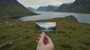 En person som nøye velger ut bestemte gjenstander fra en samling, med en hint av norsk landskap i bakgrunnen.