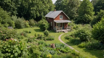 En person som bor i et landdistrikt, med et lite hus og en hage, omgitt av natur.