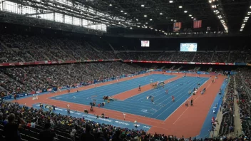 Et stort innendørs stadion med utøvere som konkurrerer i ulike øvelser.