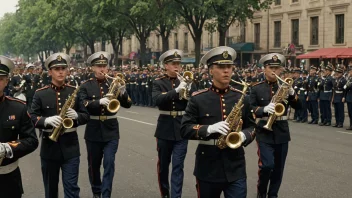 Et militærorkester som spiller under en parade.