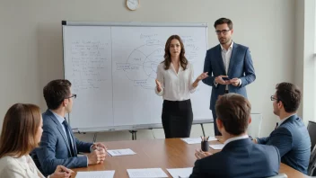 En person som presenterer et forslag til omorganisering til en gruppe kolleger i et møterom.