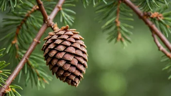 En grankongle på en gren, med synlige skjell og en uskarp bakgrunn.