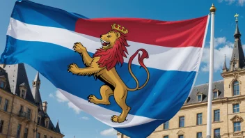 Luxembourg-flagget med en rød løve på en blå og hvit bakgrunn, omgitt av luxembourgiske kulturelle symboler.