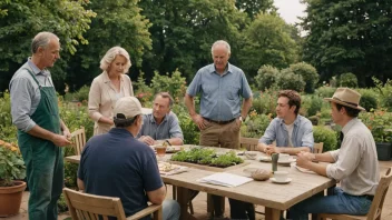 En gruppe gartnere samlet rundt et bord, diskuterer og planlegger, med en stor hage eller park i bakgrunnen.