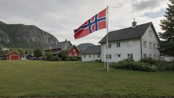 Et bilde av et fødested med et norsk flagg i bakgrunnen.