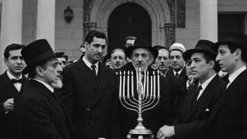 En gruppe jøder samlet rundt en menorah, med en synagoge i bakgrunnen.