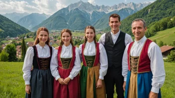 En gruppe slovenere i tradisjonelle klær, stående foran et naturskjønt slovensk landskap.