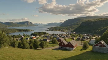 Et pittoreskt norsk landskap med en liten landsby eller by i det fjerne