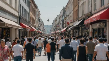 En travel handlegate på en lørdag med mennesker som går og handler