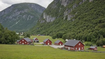 En malerisk gård eller bygd i Norge med et skilt eller en bygning med navnet Grindheims