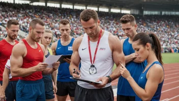 En gruppe utøvere på et stadion, med en trener eller instruktør i forgrunnen, som holder en clipboard og ser på en stoppeklokke.