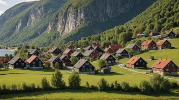 Et malerisk landskap av en liten landsby i Norge, med tradisjonelle hus og en sterk følelse av samfunn, som representerer den unike kulturelle identiteten til tryslingen.