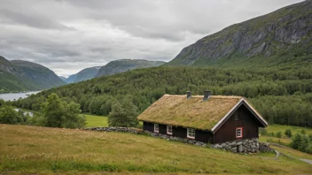 En tradisjonell norsk sjeidebygning i et landlig landskap.