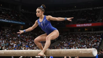 En kvinnelig gymnast som utfører en øvelse på bommen i en stor idrettshall med et publikum i bakgrunnen.