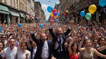 En fargerik illustrasjon av en triumferende prosesjon, med mennesker i alle aldre og bakgrunner, som feirer sine suksesser.