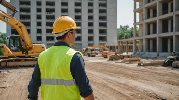 En person i en gul vest og en hard hatt går rundt en byggeplass, sjekker utstyret og bygningen.