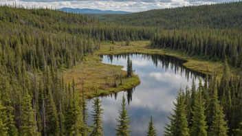 En beskyttet barskog med en blanding av bartre, en liten innsjø og noen dyr som streifer i det fjerne.