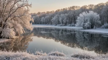 Et vinterlandskap med frostdekte trær og en frossen innsjø i bakgrunnen.