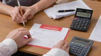 En person som arbeider ved et skrivebord med papirer og en kalkulator, med en rød stempel som sier 'Avgiftslegging' i forgrunnen.