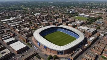 Flyfoto av Leicester by med sine historiske bygninger, fotballstadion og kulturelle landemerker