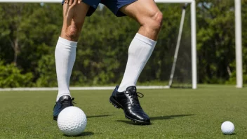 Et bilde av en fotballspiller som scorer et mål, med en golfball og kølle i bakgrunnen, som illustrerer konseptet 'gol' på norsk.