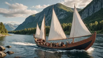 En tradisjonell norsk vengebåt seiler nedover en elv.