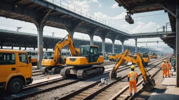 Et bilde som viser utviklingen av en togstasjon med byggeutstyr og arbeidere.