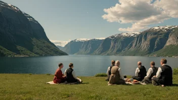 En gruppe mennesker i tradisjonelle norske klær samlet i et naturskjønt landskap.