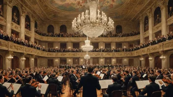 En klassisk musikkonsert i Wien, med et stort orkester og en stor lysekrone.