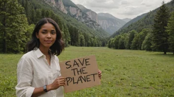 En person som holder et skilt som sier 'Redd planeten' foran et vakkert naturlandskap, symboliserer arbeidet til en miljøvernaktivist.