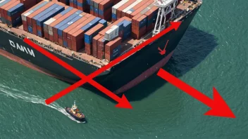 Et lasteskip med containere, som symboliserer shipping og transport, med en rød pil som peker nedover, som indikerer et tap eller underskudd.