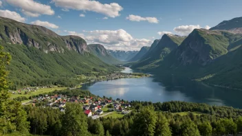 Et pittoreskt landsby i Norge med tradisjonelle hus og en storslagen natur.