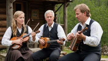 En musiker som spiller et tradisjonelt norsk folkemusikkinstrument i en koselig omgivelse.