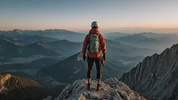 En tindebestiger som står på toppen av et fjell med en fantastisk utsikt.