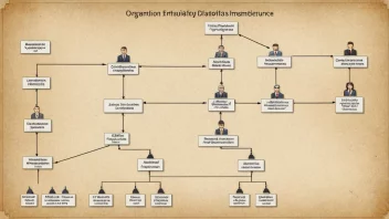 En detaljert illustrasjon av en organisatorisk struktur med flere avdelinger og ledere, som representerer et administrasjonsapparat.