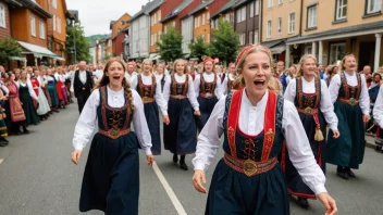 Et fargerikt og livlig bilde av en norsk folketog, med deltakere i alle aldre kledd i tradisjonelle drakter, som vifter med flagg og bannere, og fremfører tradisjonelle danser og sanger.