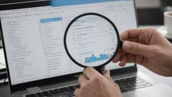 En person som analyserer data på en dataskjerm med et forstørrelsesglass, og fremhever feil og inkonsekvenser.