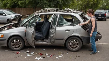 En bil som har vært i en alvorlig ulykke, med vridd metall og knust glass, og en person som står ved siden av og ser forvirret ut.