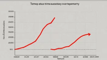 En graf som viser en jevn økning i temperatur over tid, med en rød pil som peker oppover.