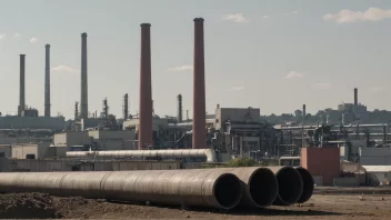 En stor, industriell pipe med en fabrikk i bakgrunnen