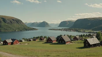 Et idyllisk norsk landskap med en liten landsby eller by i bakgrunnen.