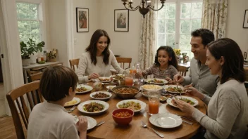 En varm og koselig spisekrok med en familie som nyter et måltid