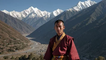 En person fra Bhutan kledd i tradisjonelle klær står foran en Himalayafjellkjede